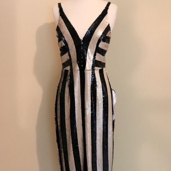 Dress the Population Dresses & Skirts - Dress the Population All Sequin Black/Crème Stripe